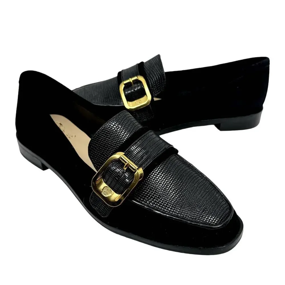 NEW Vince Camuto Cenkanda Black Leather & Suede Gold Buckle Slip On Loafer Flat